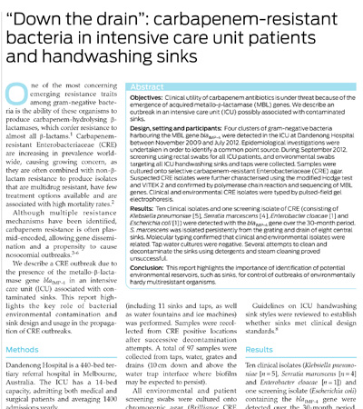 Removal of bacteria in intensive care unit patients and handwashing sinks